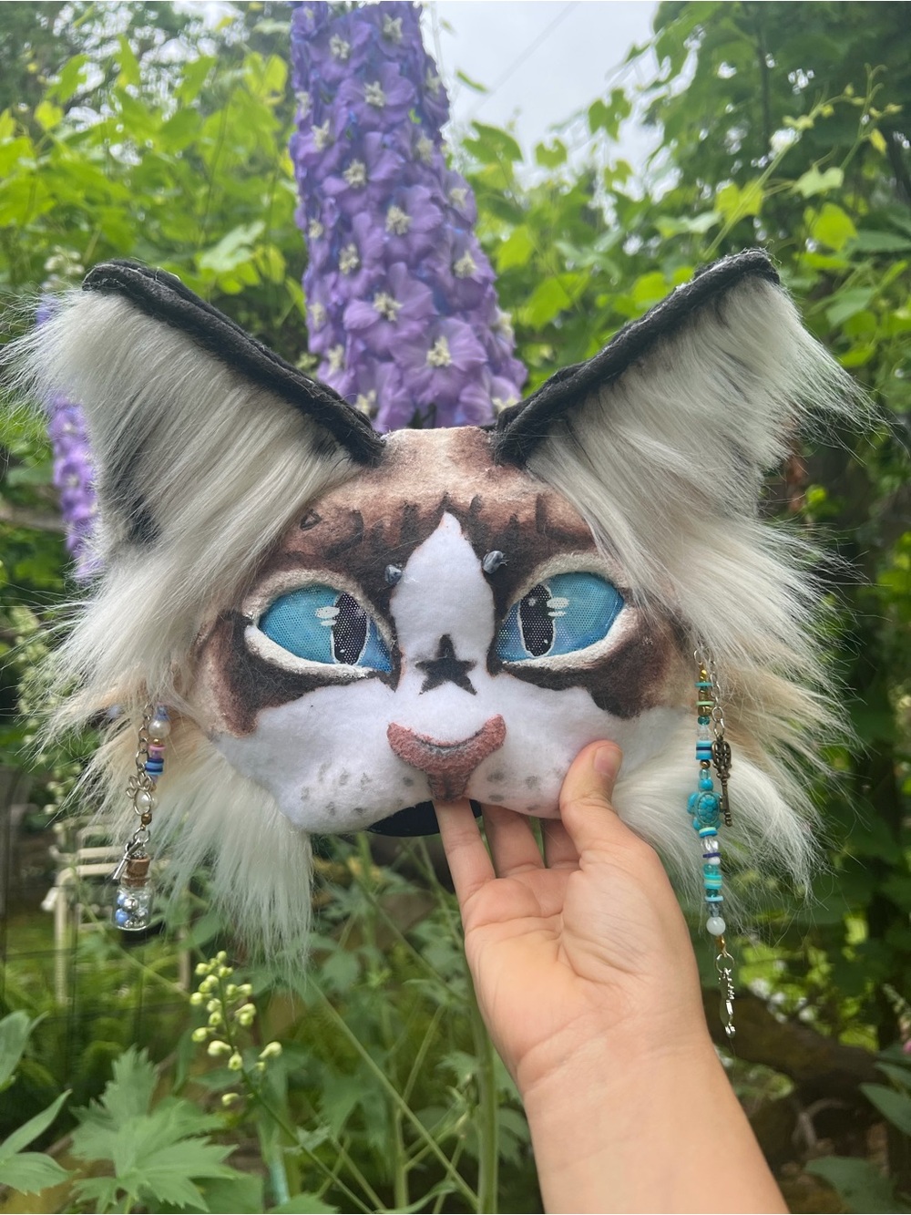 Handmade Cat Face Mask in Blue and White with Beaded Accents